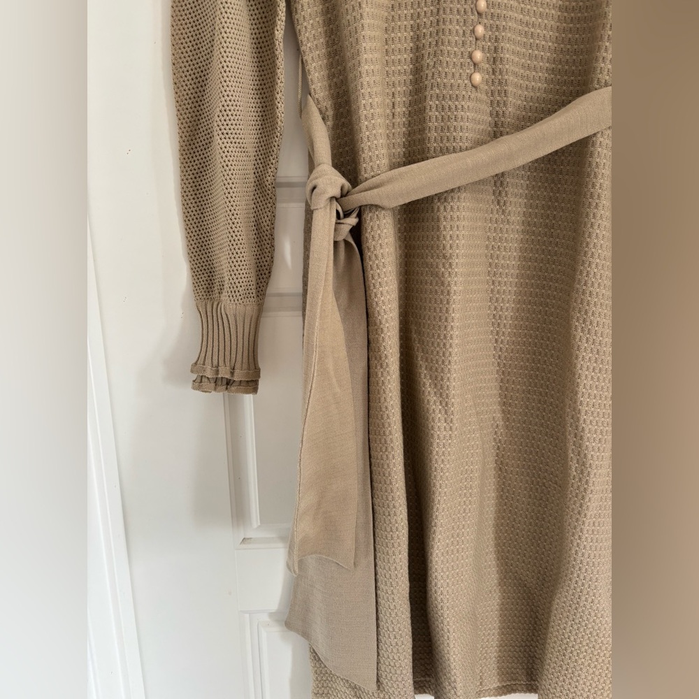 Vintage 100% Pure Wool Midi Dress Bib Collar Neutral French Sezane Vibes S M - Picture 5 of 7